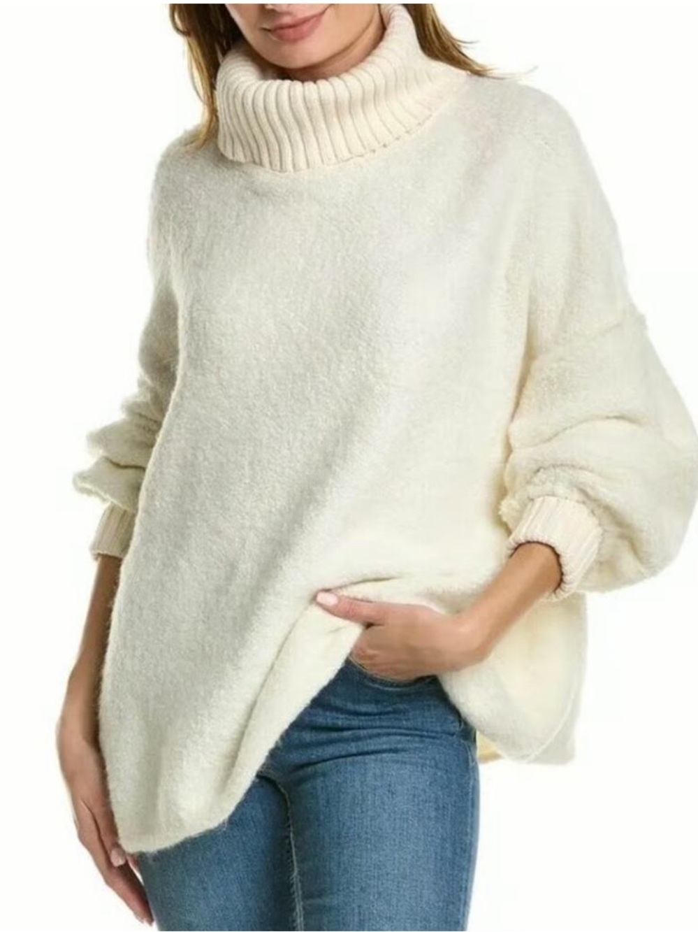Free People Milo Ivory Oversized Fuzzy Knit Turtleneck Sweater Size S